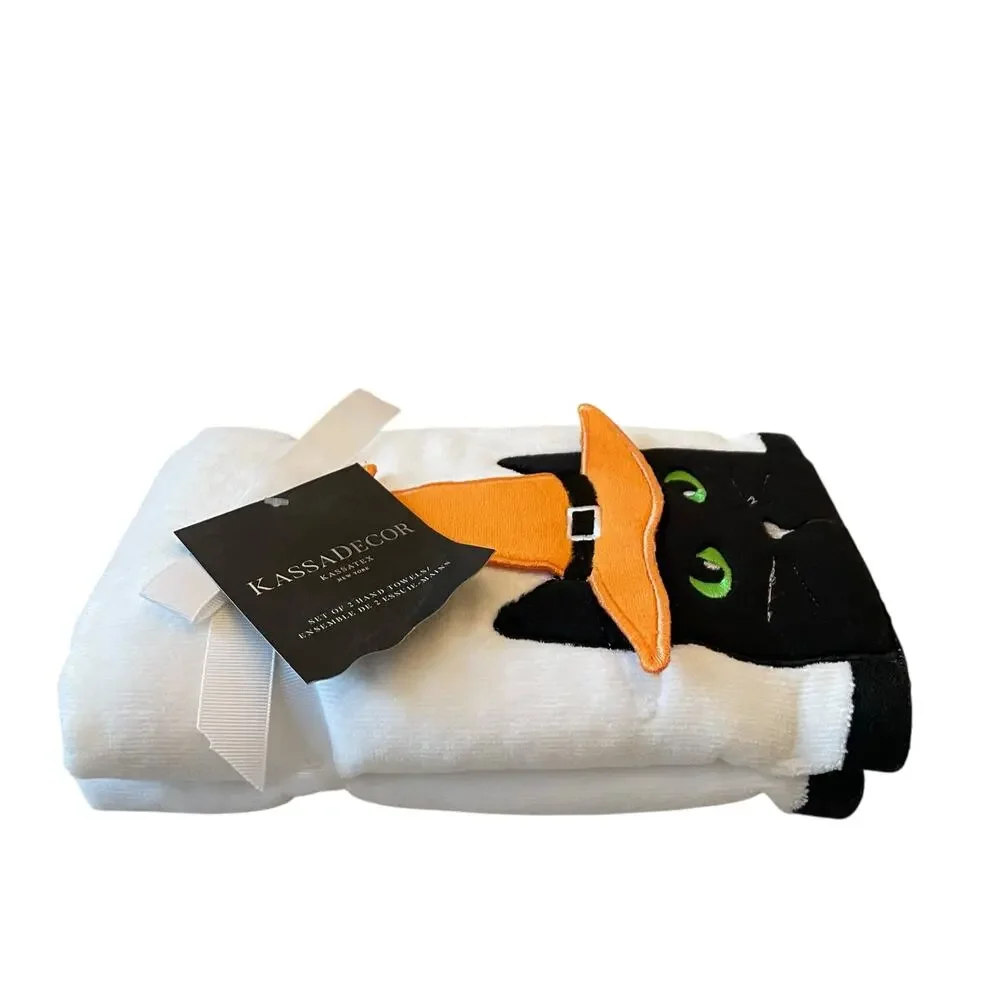 Kassadecor Halloween Witch Cat Hand Towels 18x28 Plush Black & White Set of 2